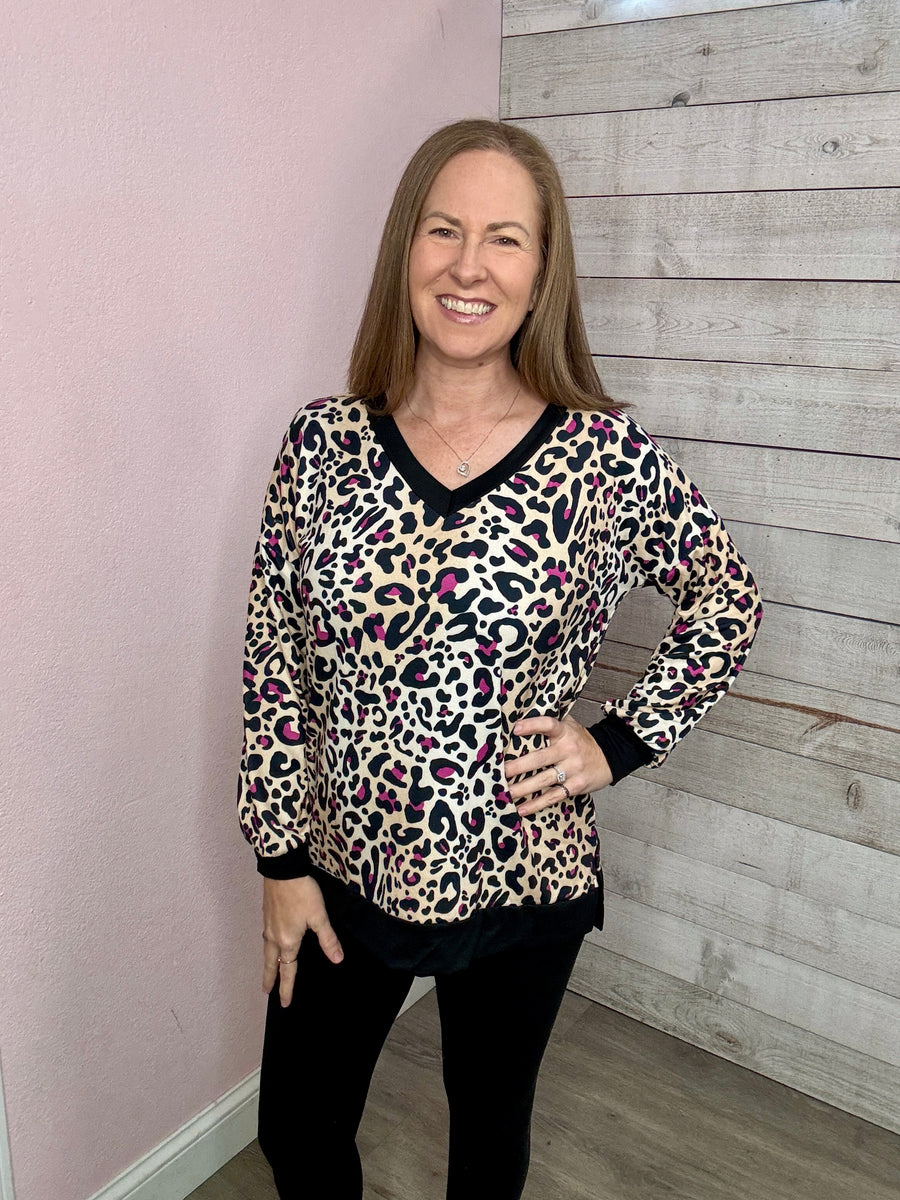 "Fit Check" Tan/Magenta Animal Print Top