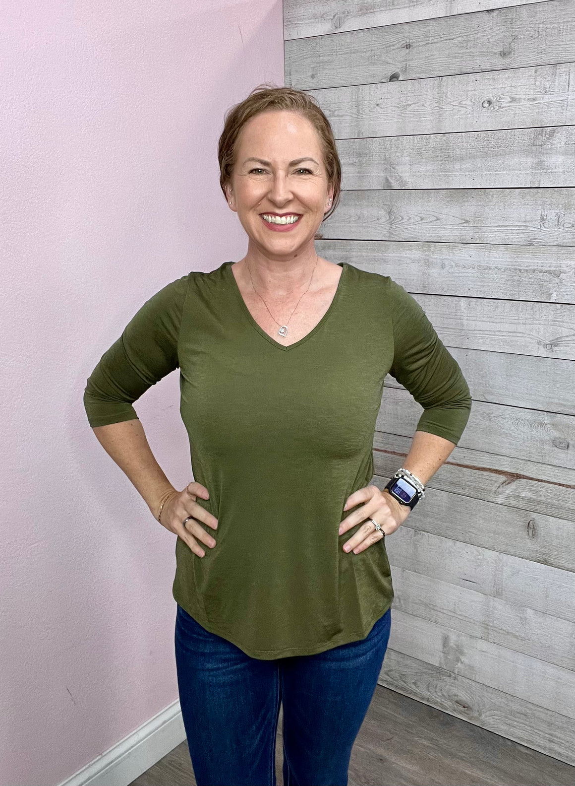 "For Keeps" Solid V Neck Top- Olive