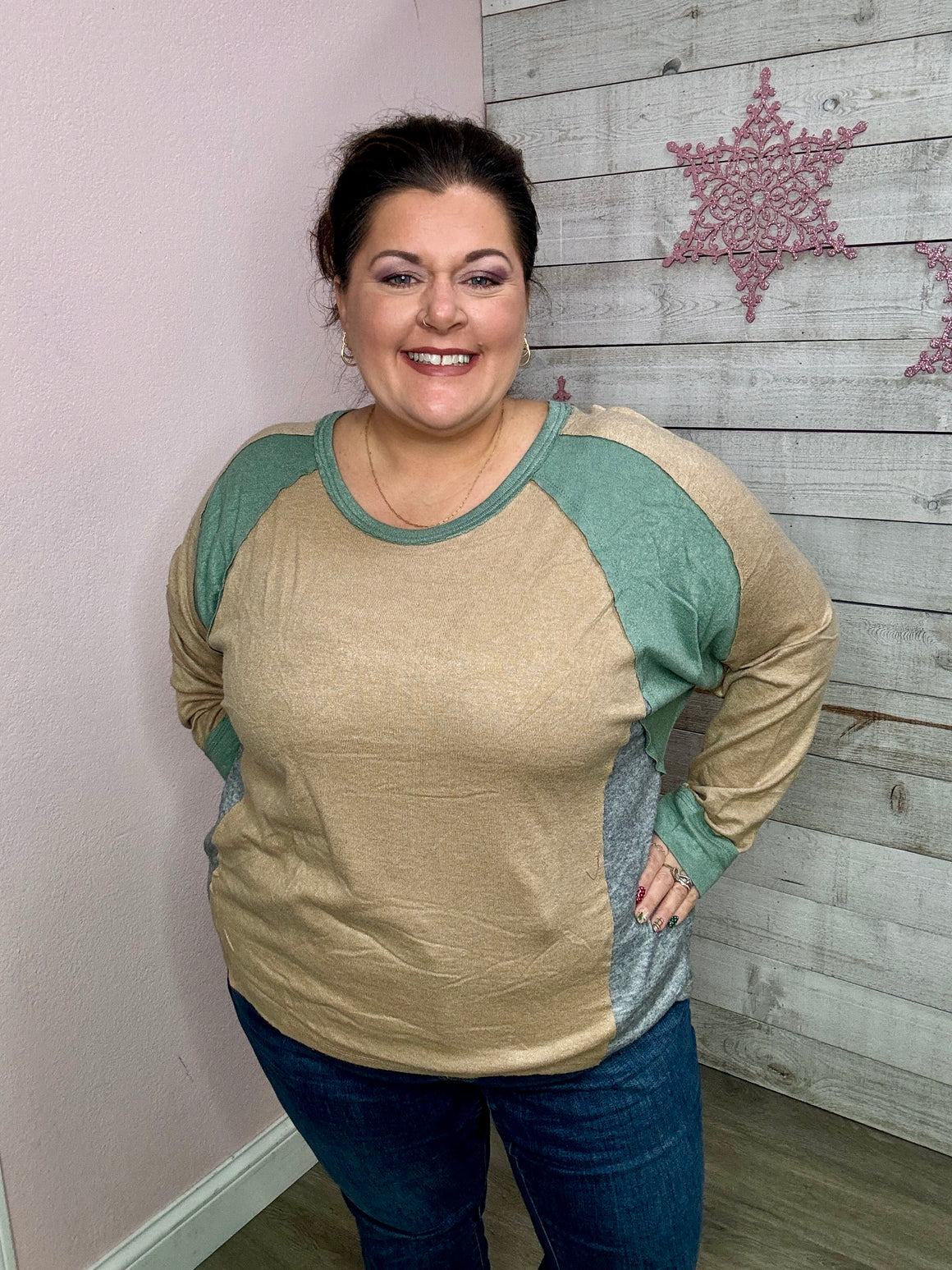 "More To Love" Sage Colorblock Top