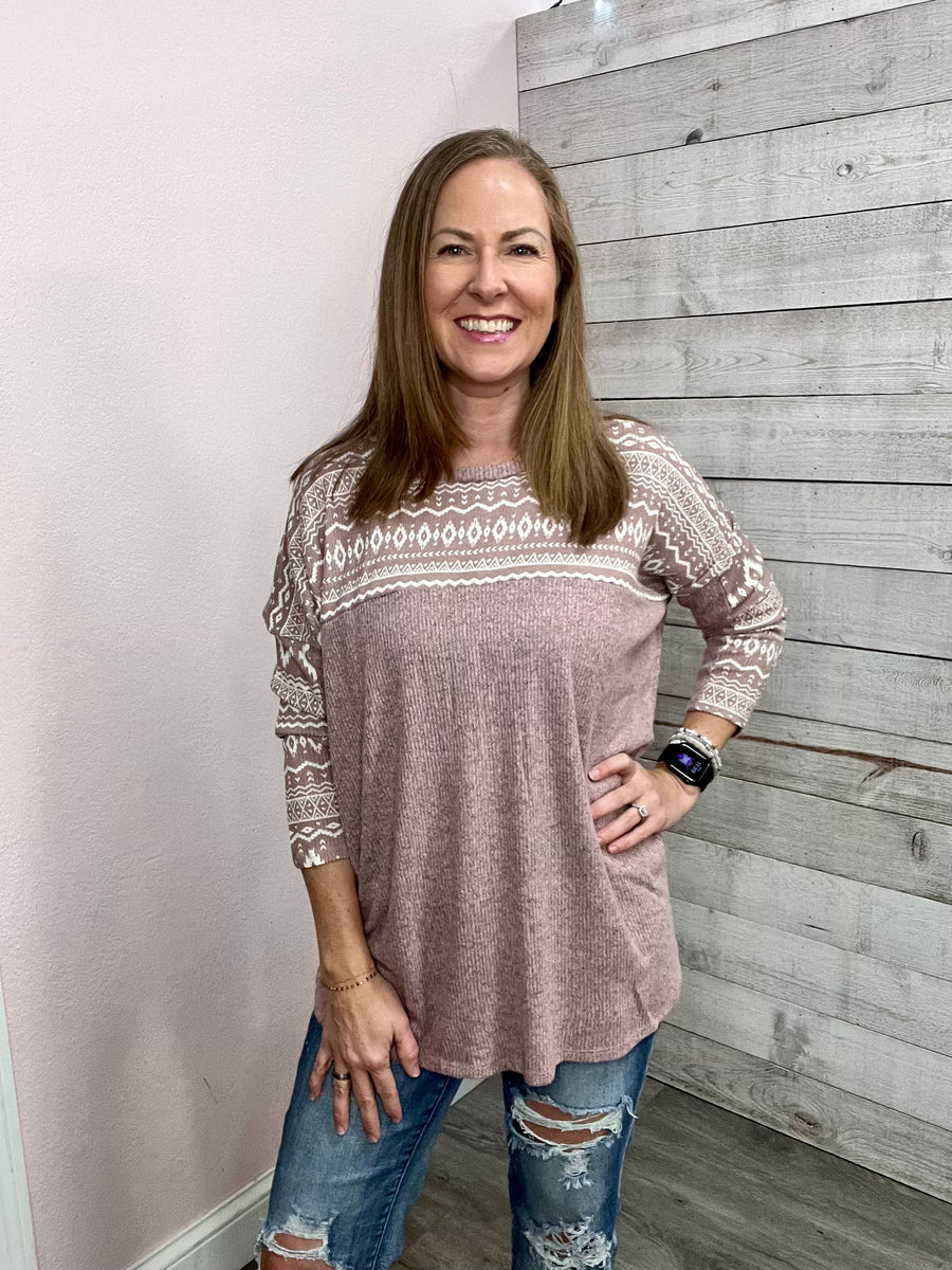 "Just Relax" Ribbed Aztec Print Top- Pink