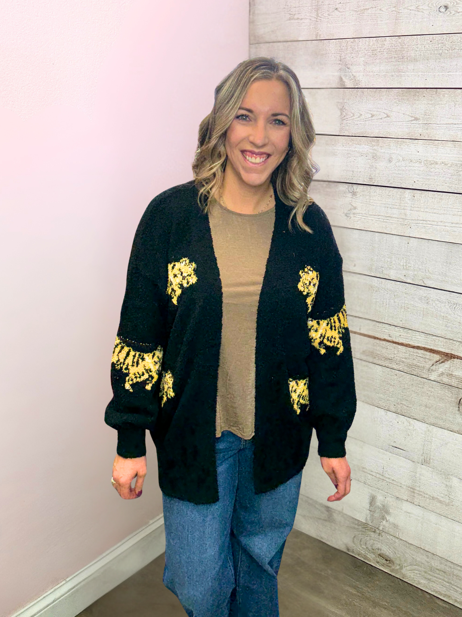 "Coffee Shop Charm" Cardigan w/Tigers