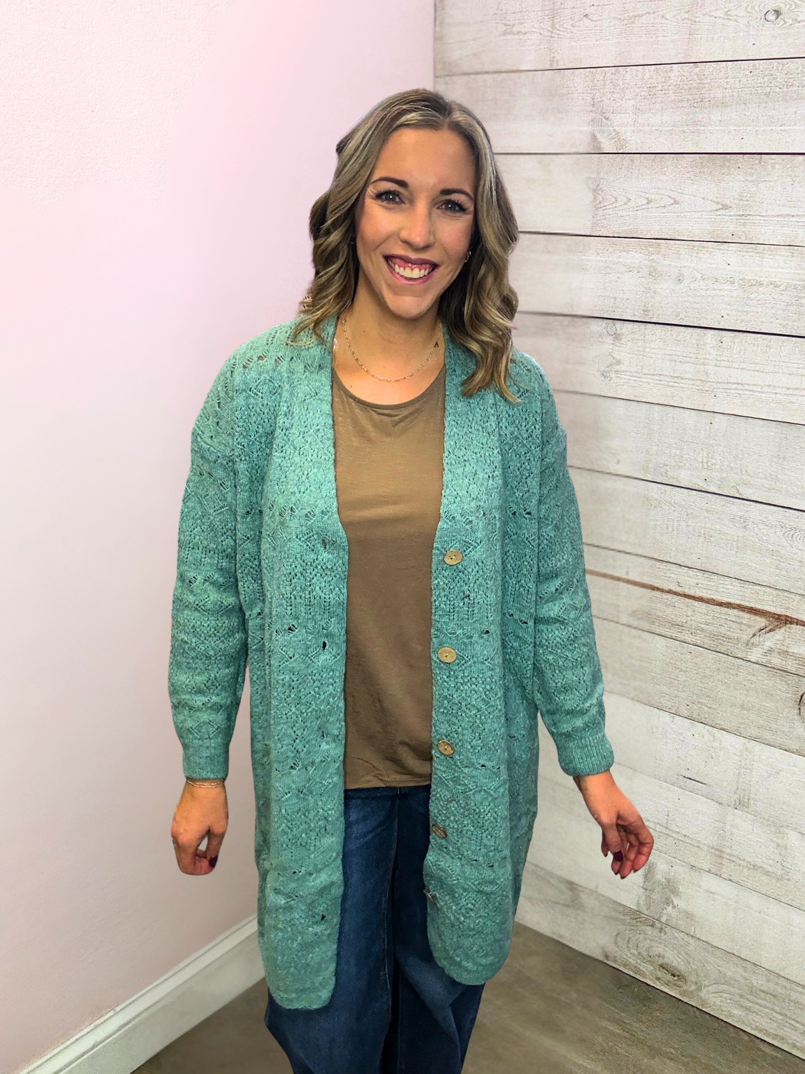 "Cider Sippin" Sweater Cardigan- Peacock
