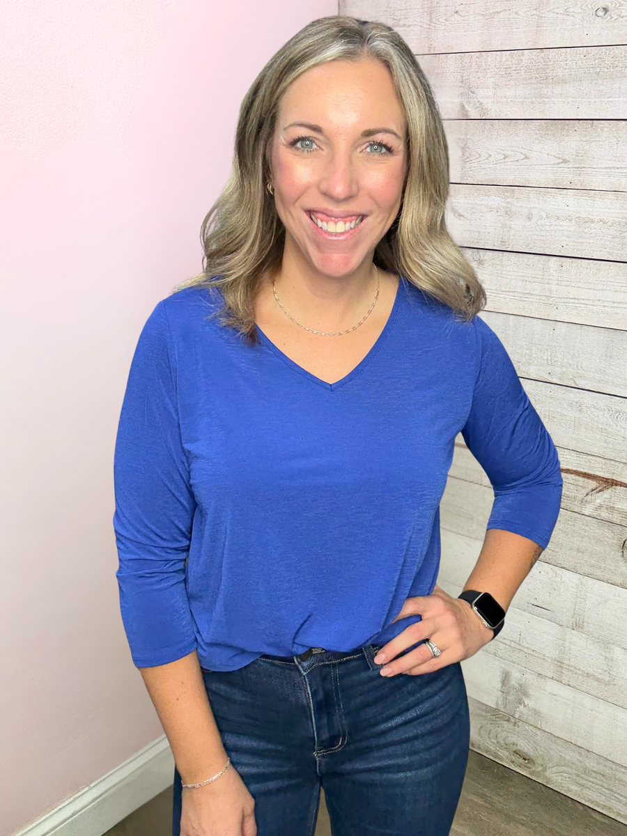 "For Keeps" Solid Vneck Top- Blue