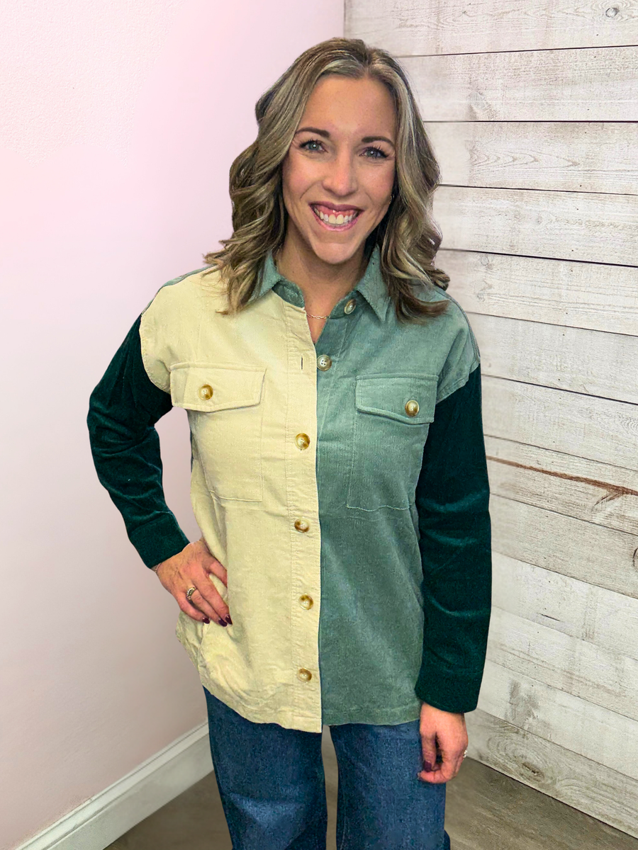 "Happy Mindset" Green Colorblock Shacket