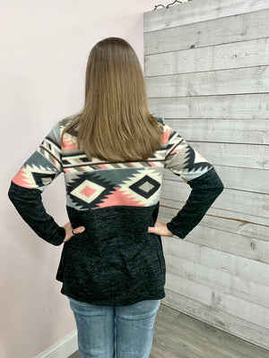 "Treat You Right" Charcoal and Aztec Print Top