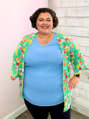 "Coastal Charm" Green Floral Kimono