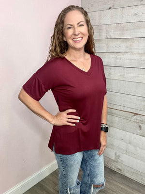 "Out Of Town" Burgundy V Neck Top