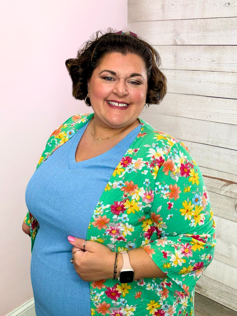 "Coastal Charm" Green Floral Kimono