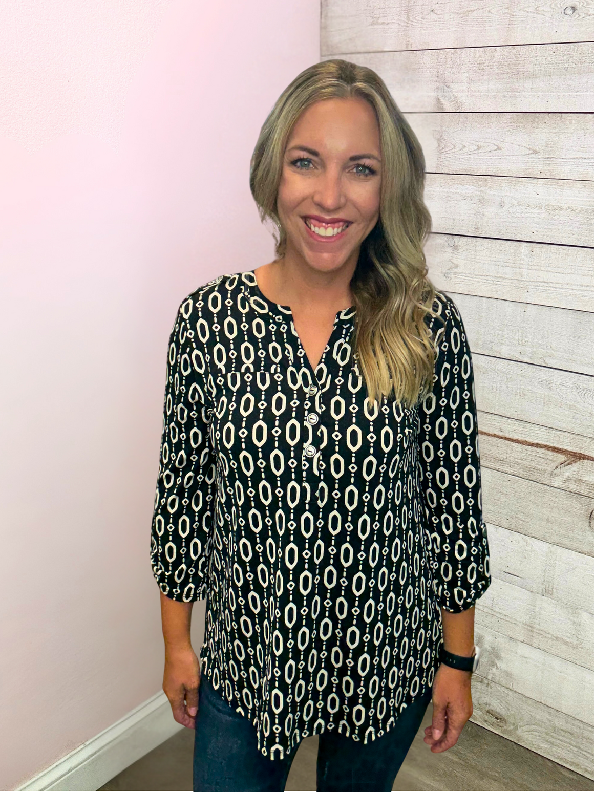 "Ink & Ivory" Black/Ivory Geometric Luxe Lizzy Top