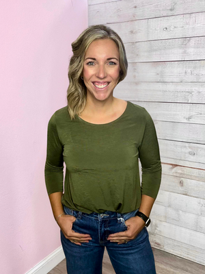 "Fall Essential" Solid Round Neck Top- Olive