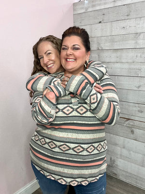 "Sweet Comfort" Grey/Coral Aztec Print Top