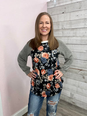 "Falling In Love" Floral and Grey Top