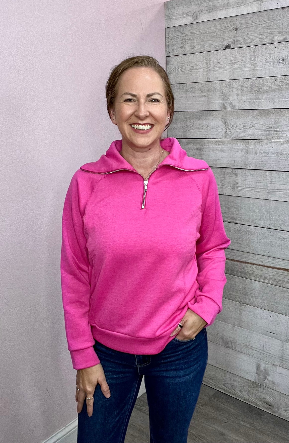 "Morning Chill" Half Zip Sweatshirt- Hot Pink