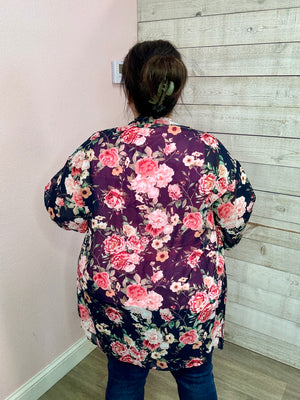 "Happy Blooms" Navy/Pink Floral Kimono