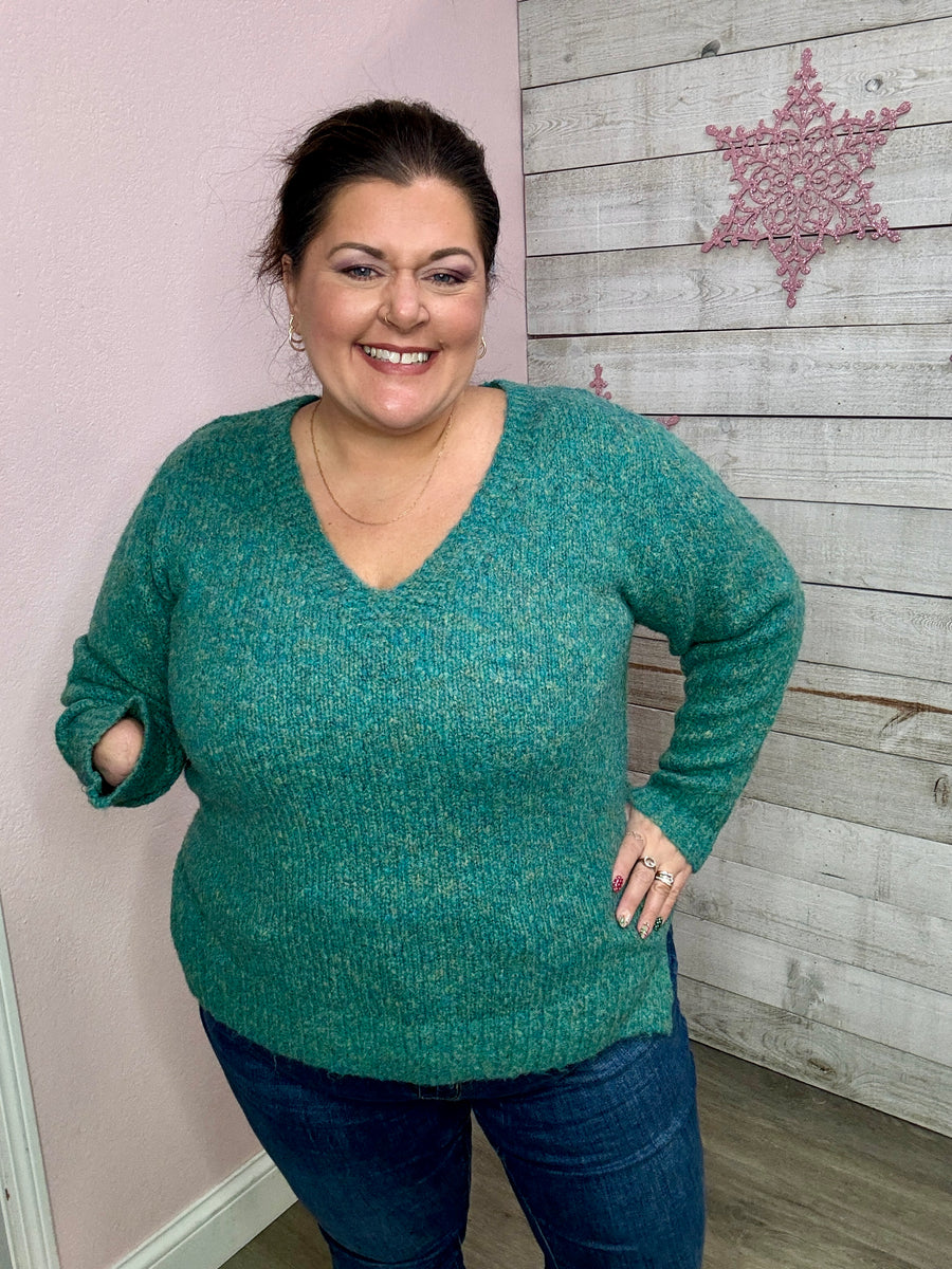 "Enjoy The View" Green V Neck Sweater