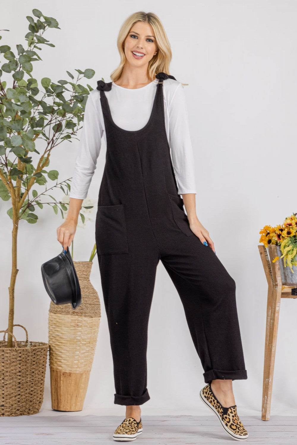 "Autumn Embrace" Black Ribbed Jumpsuit