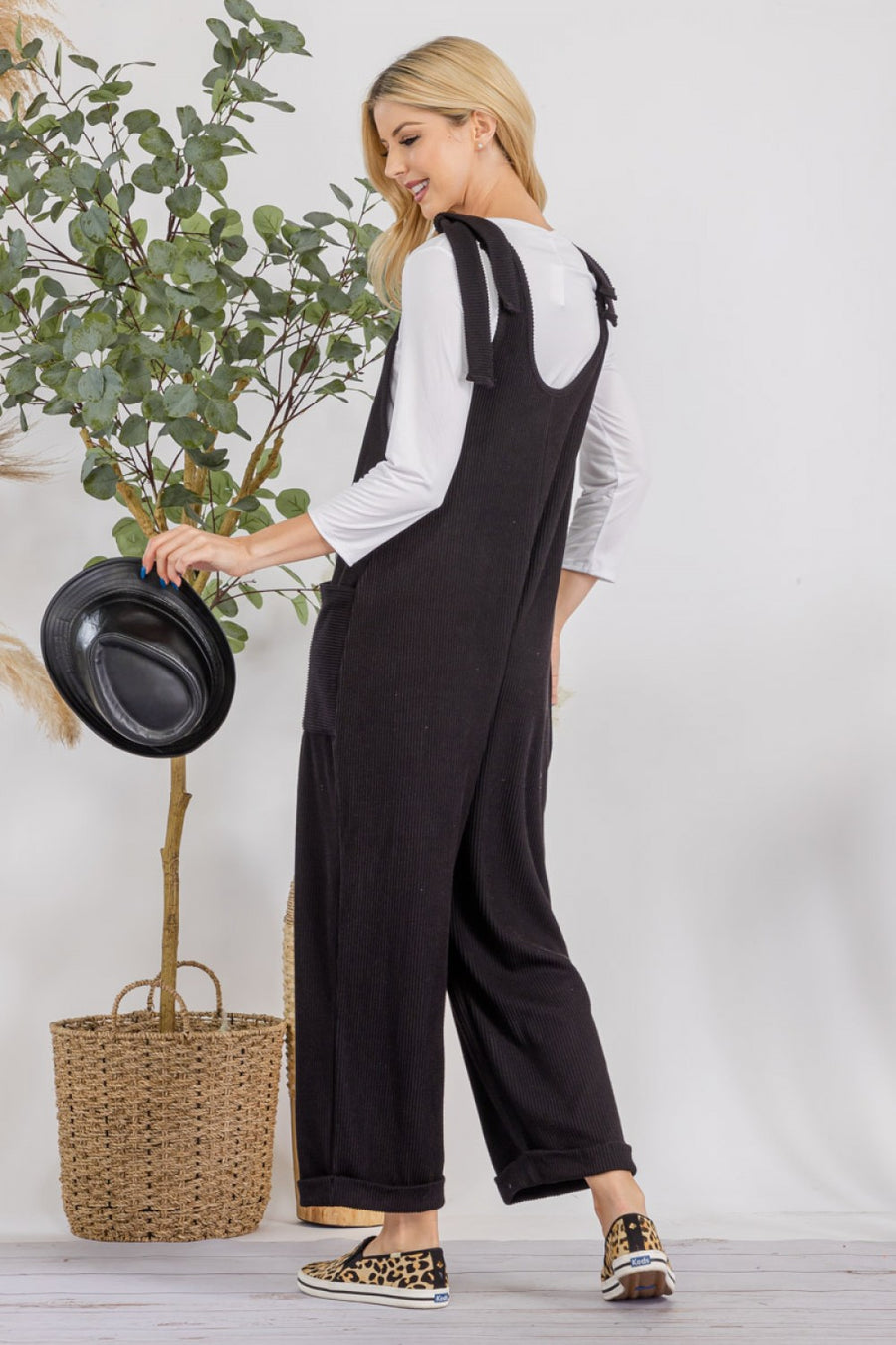 "Autumn Embrace" Black Ribbed Jumpsuit