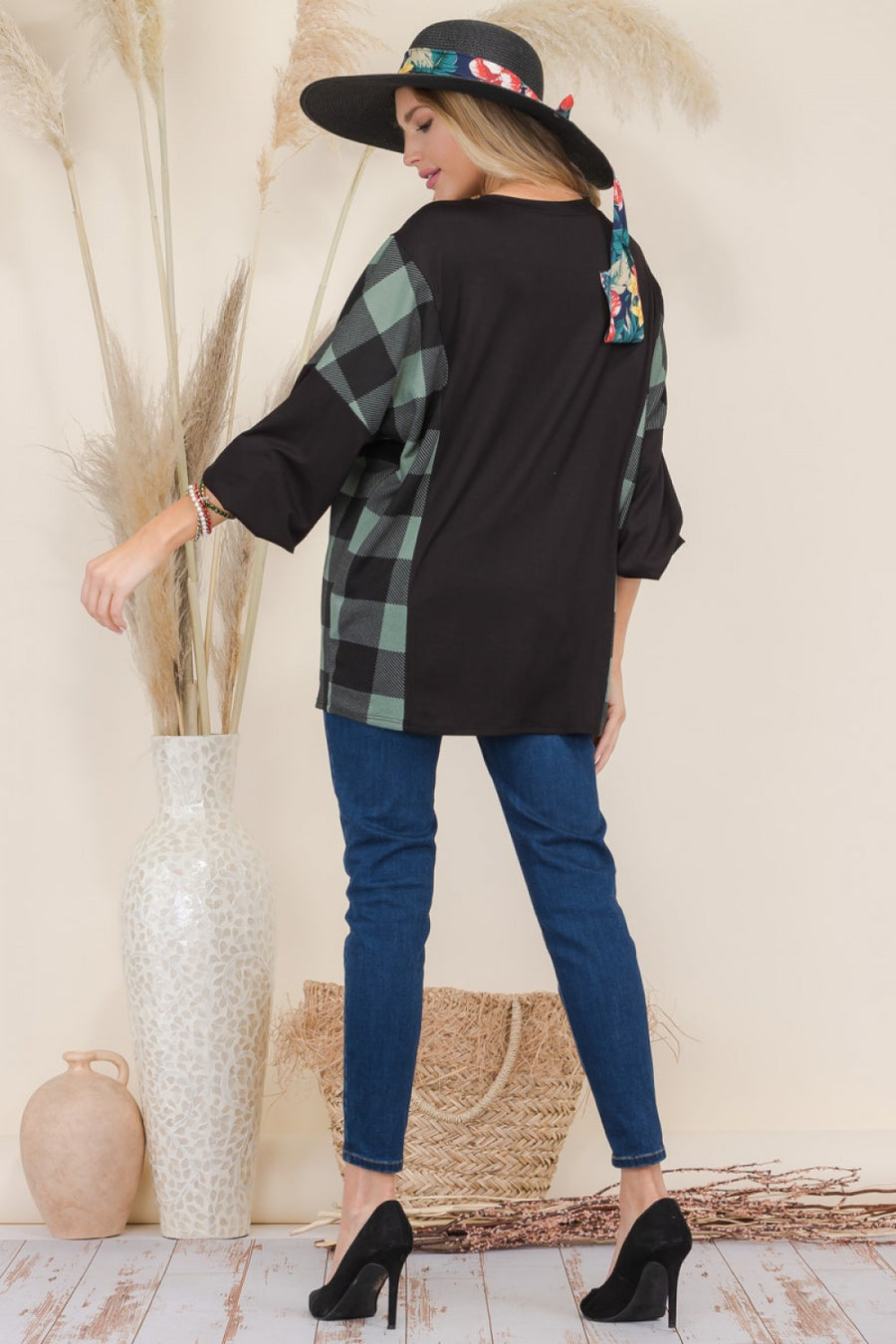 PF "Happiness Follows" Green Plaid Top