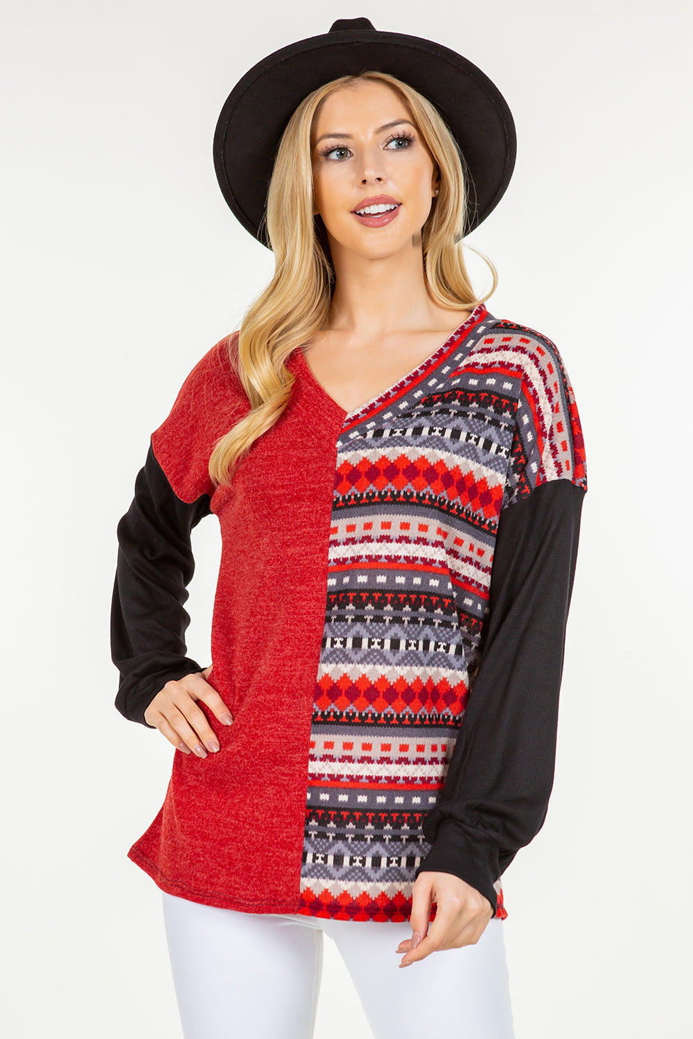 PF "So Very Merry" Red/Black Colorblock Top
