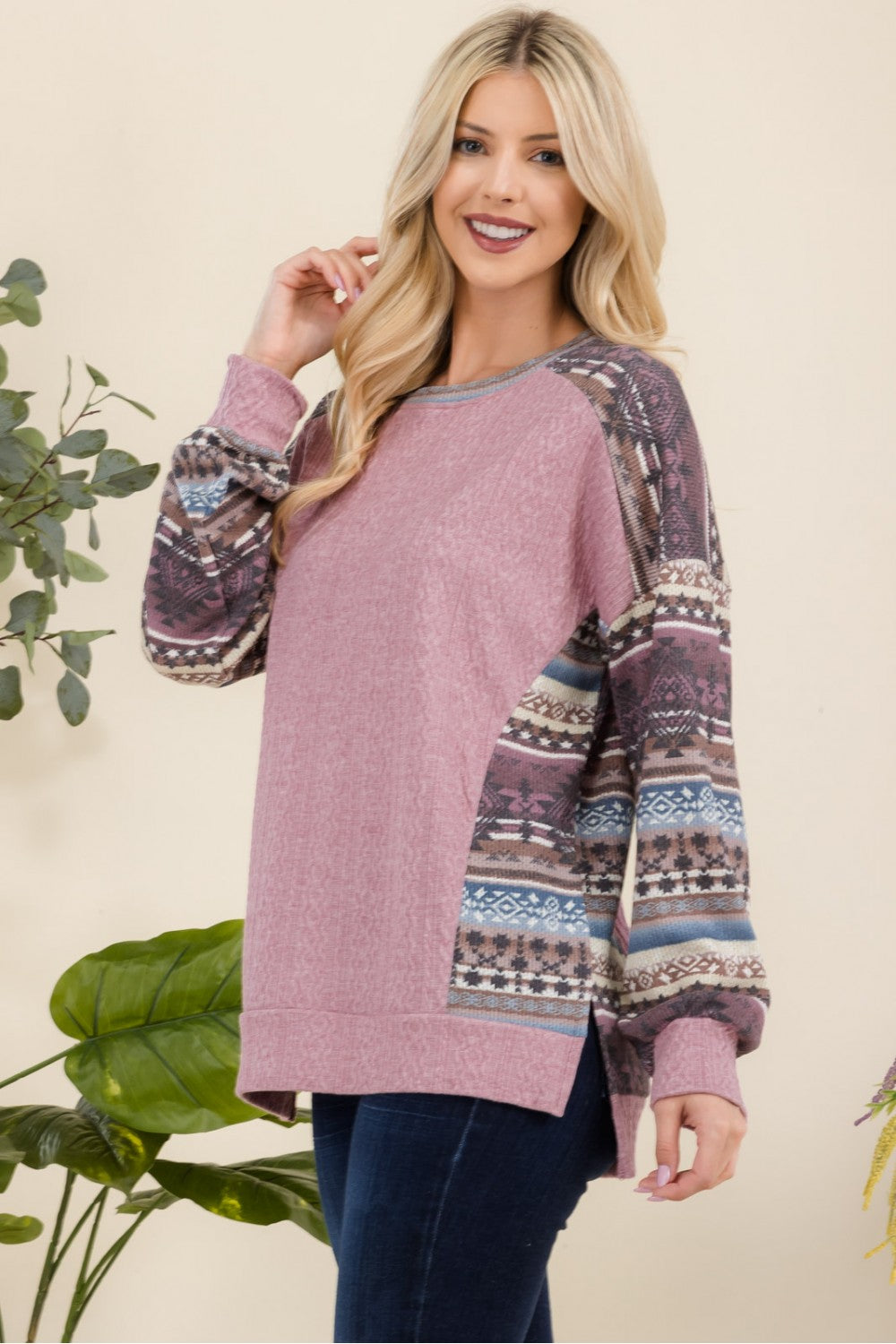 "Peaceful" Cable Knit Aztec Top- Mauve