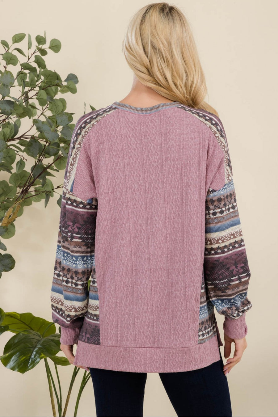 "Peaceful" Cable Knit Aztec Top- Mauve