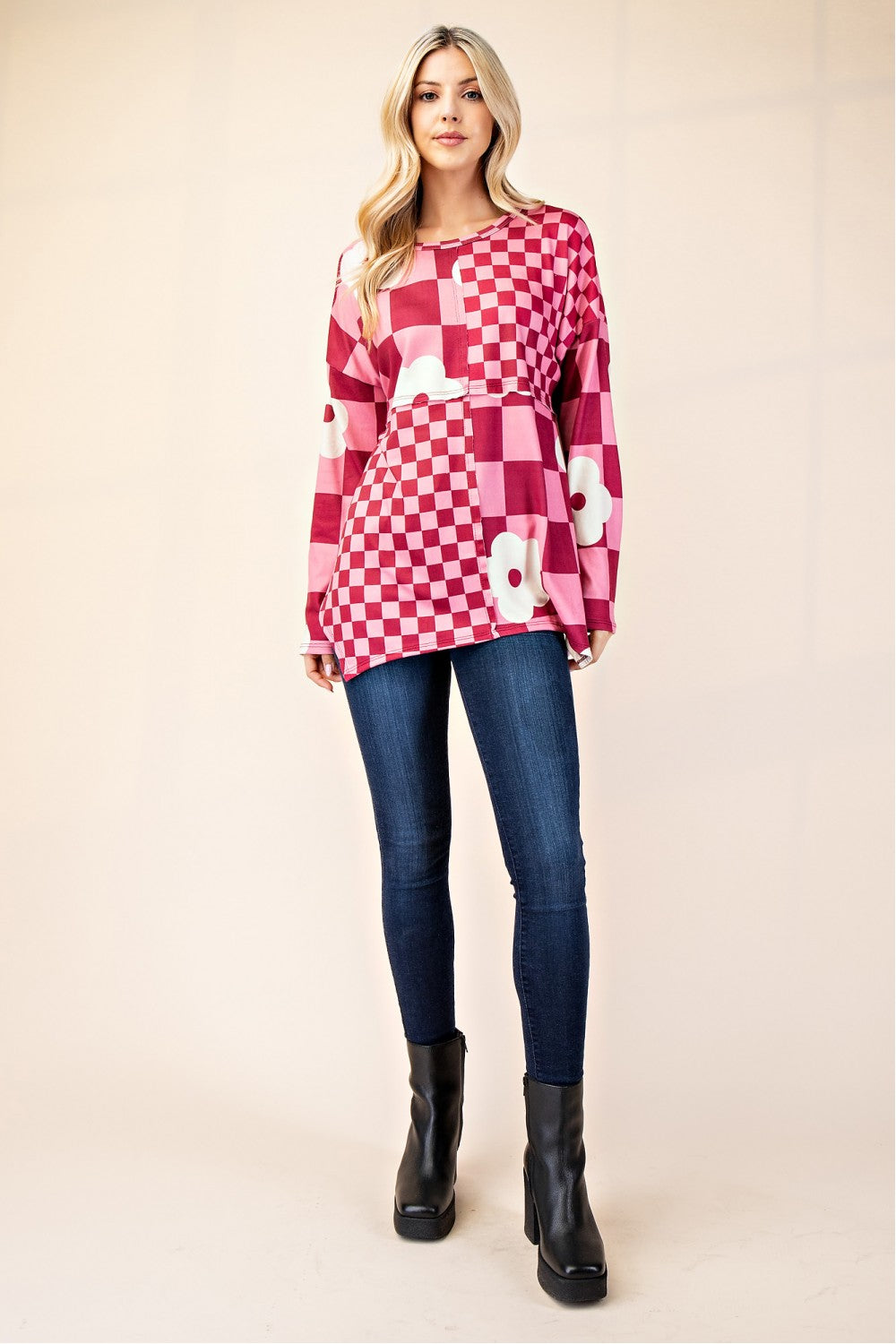 "Fuchsia Floral" Checkered Floral Top