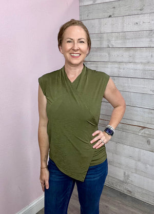 "Sweet Classic" Surplice Sleeveless Top- Olive