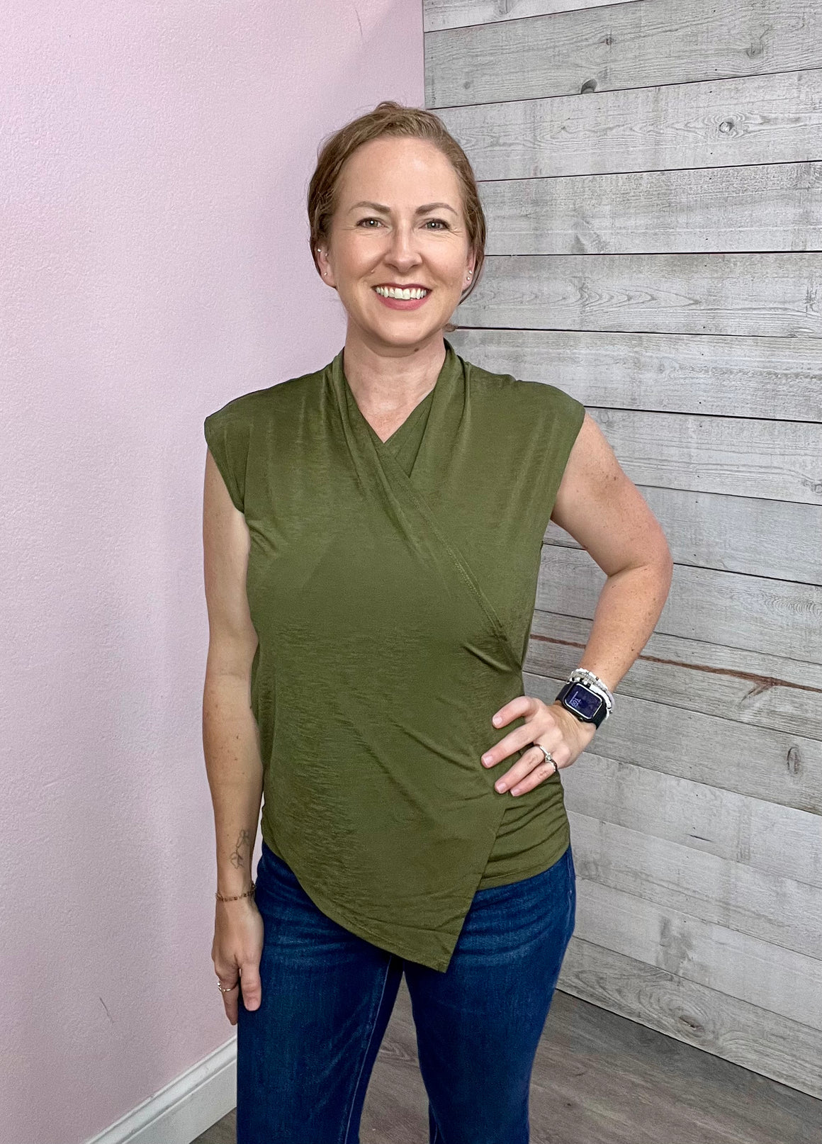 "Sweet Classic" Surplice Sleeveless Top- Olive