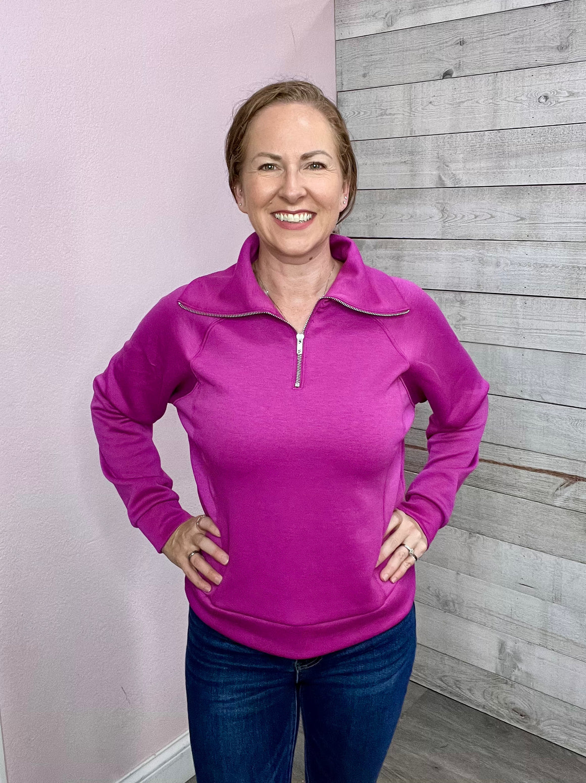 "Morning Chill" Half Zip Sweatshirt- Magenta