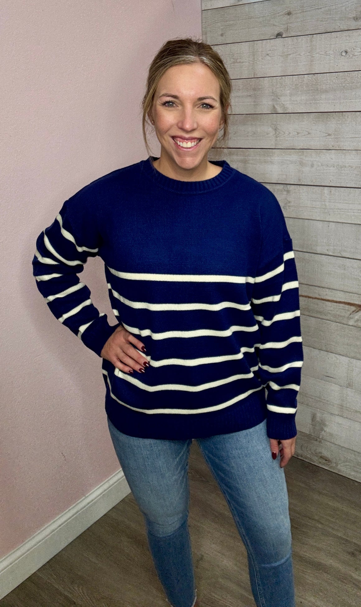 "Charismatic" Navy/Ivory Stripe Sweater