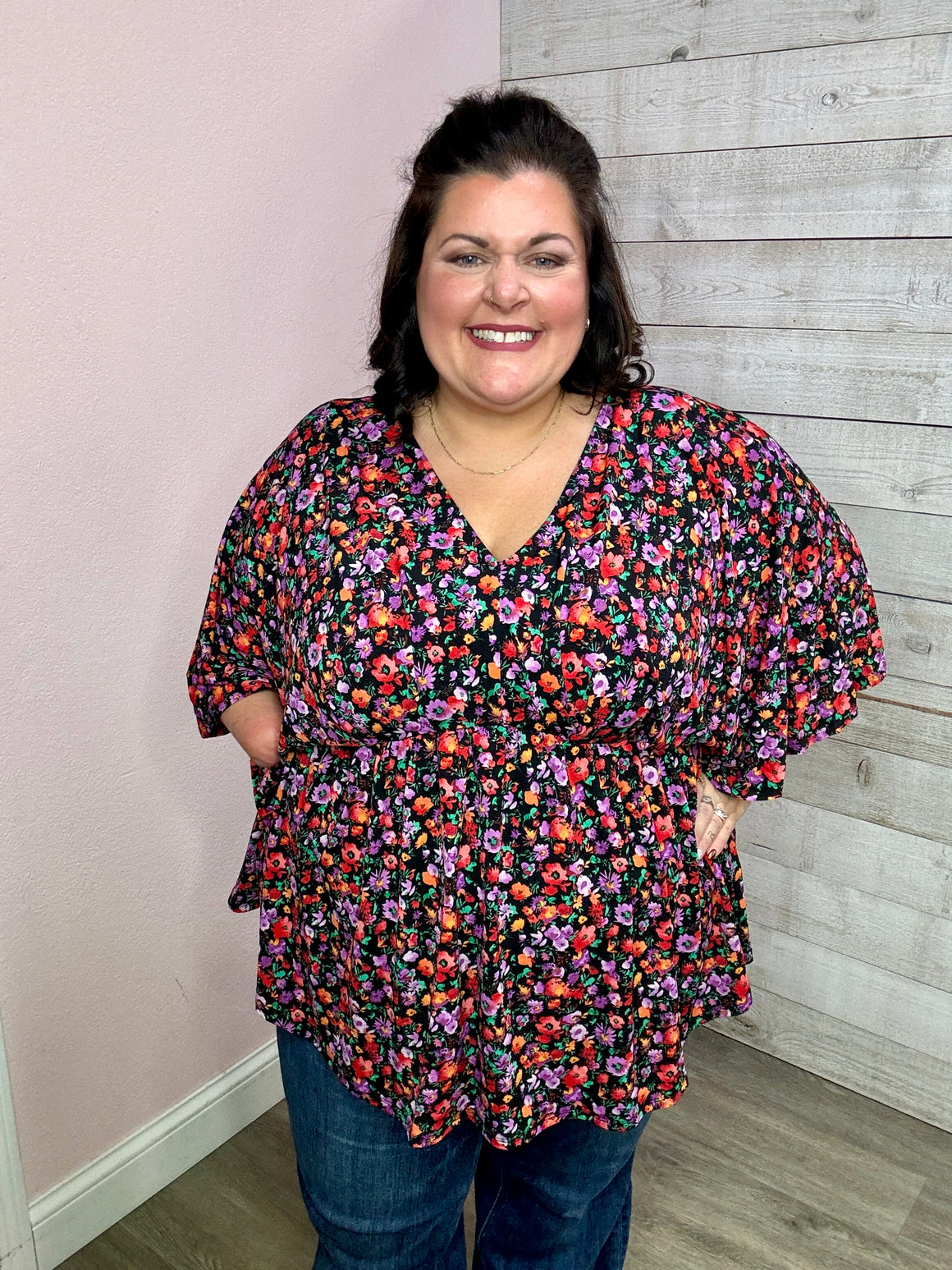 Pink"Late Night Wine" Dreamer Multi-Color Floral Top