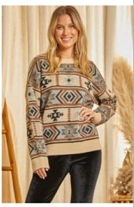 "Hayride Cutie" Tan Aztec Sweater