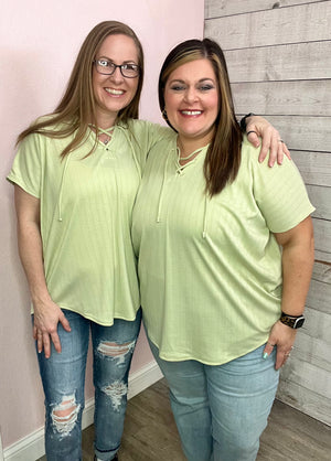 "At Peace" Ribbed Lace Up Top- Sage