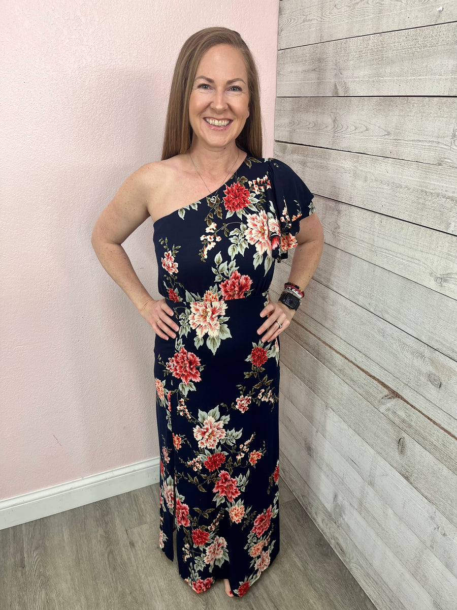 "Sweet Fling" One Shoulder Dress- Navy