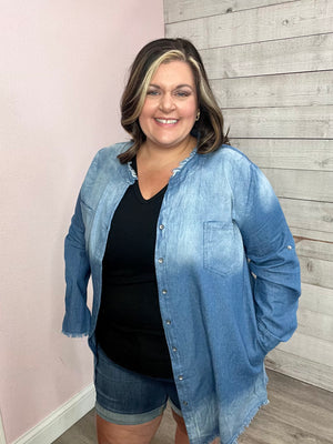 "Looking Forward To It" Washed Denim Chambray Top