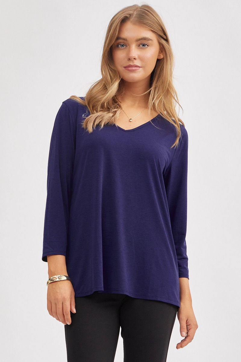"For Keeps" Solid Vneck Top- Navy