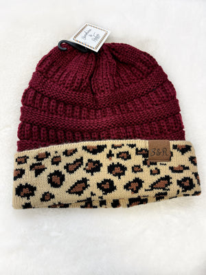 "Hunter" Maroon/Leopard Knit Hat