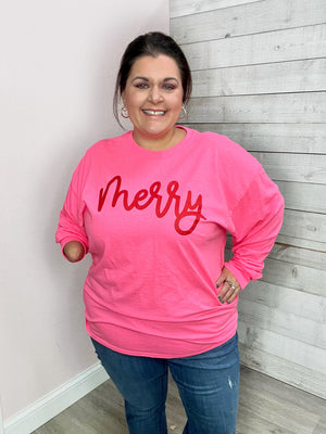 "Merry" Hot Pink Long Sleeve Graphic Tee