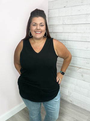 "Heat Wave" Rib V Neck Tank- Black
