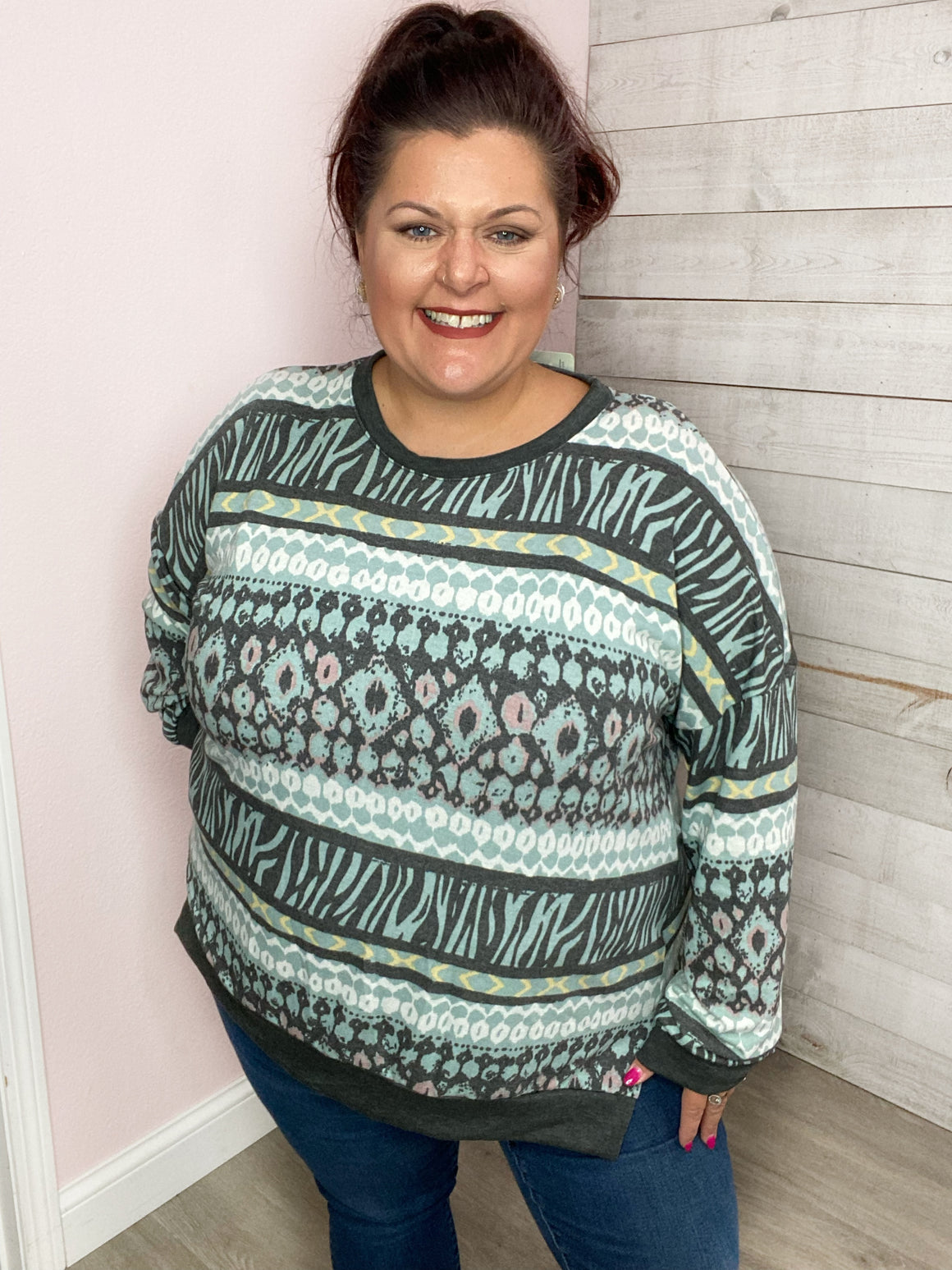 PF "Never Compromise" Teal Multi Pattern Top