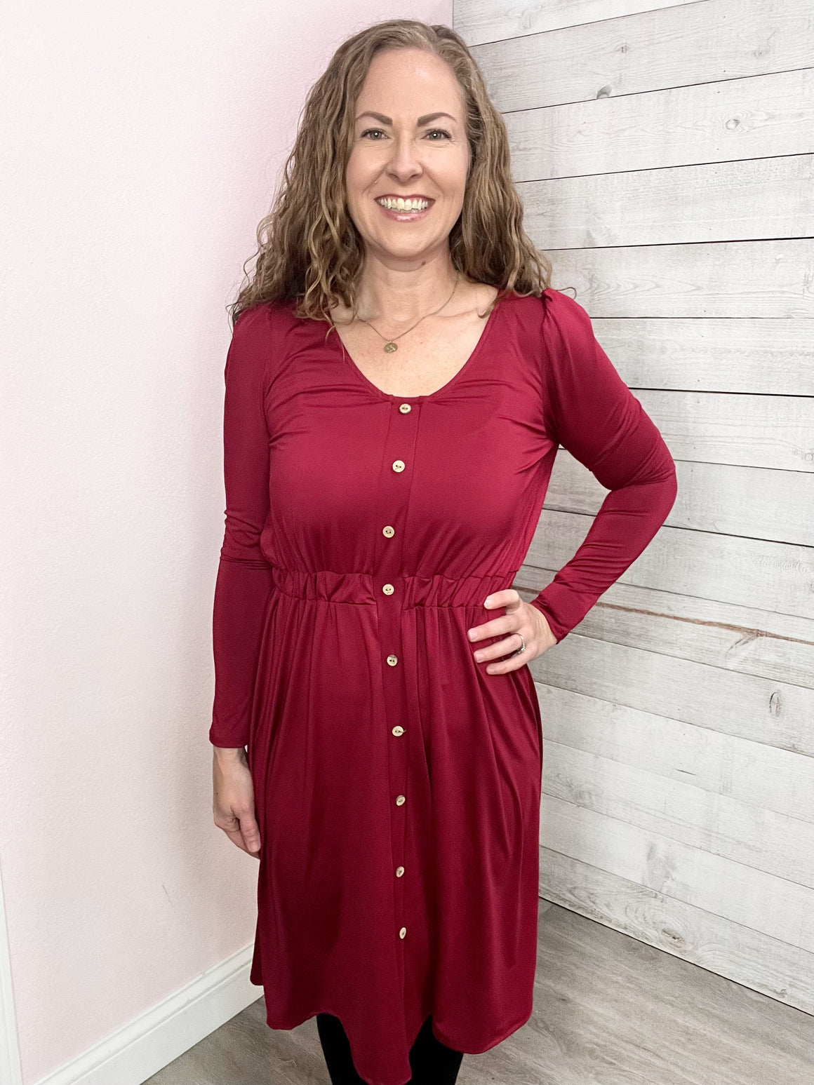 "Front And Center" Solid Long Sleeve Midi Dress- Red *FINAL SALE*